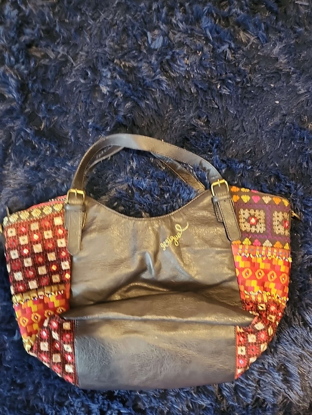 Desigual Black Tote with Multicolor Embroidered Panels